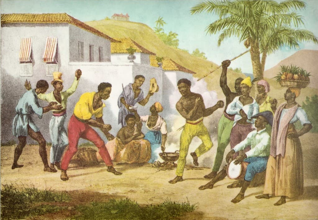 Roda de capoeira histórica com músicos e participantes em ambiente colonial brasileiro